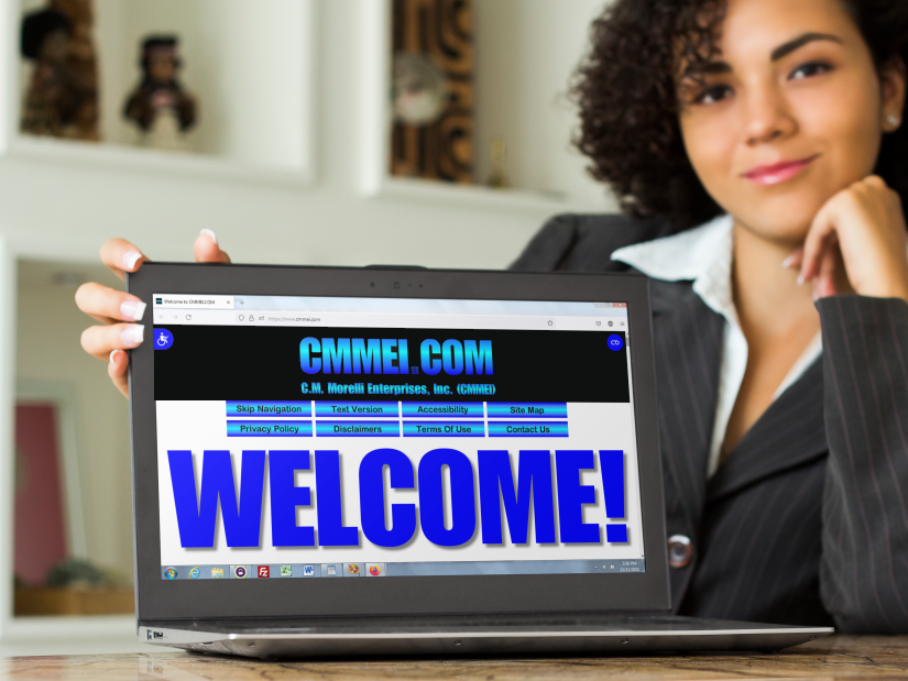 Woman in back of a laptop displaying a welcome screen shot of this home page.