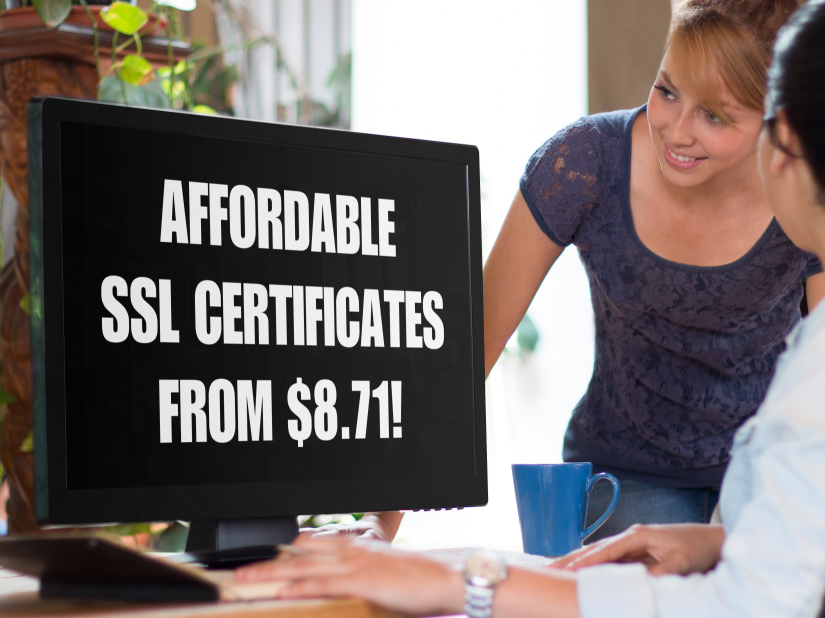 Two women looking at a computer screen that says Affordable SSL Certificates from $8.71!