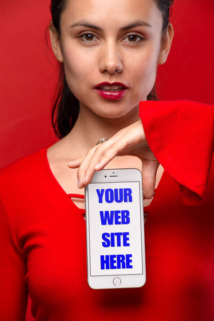 Woman holding a smartphone with Your Web Site Here on the screen.